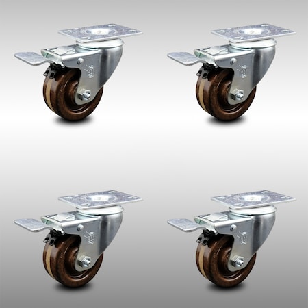 Service Caster 3 Inch SS High Temp Phenolic Top Plate Caster Set Total Lock Brake SCC SCC-SSTTL20S314-PHSHT-4